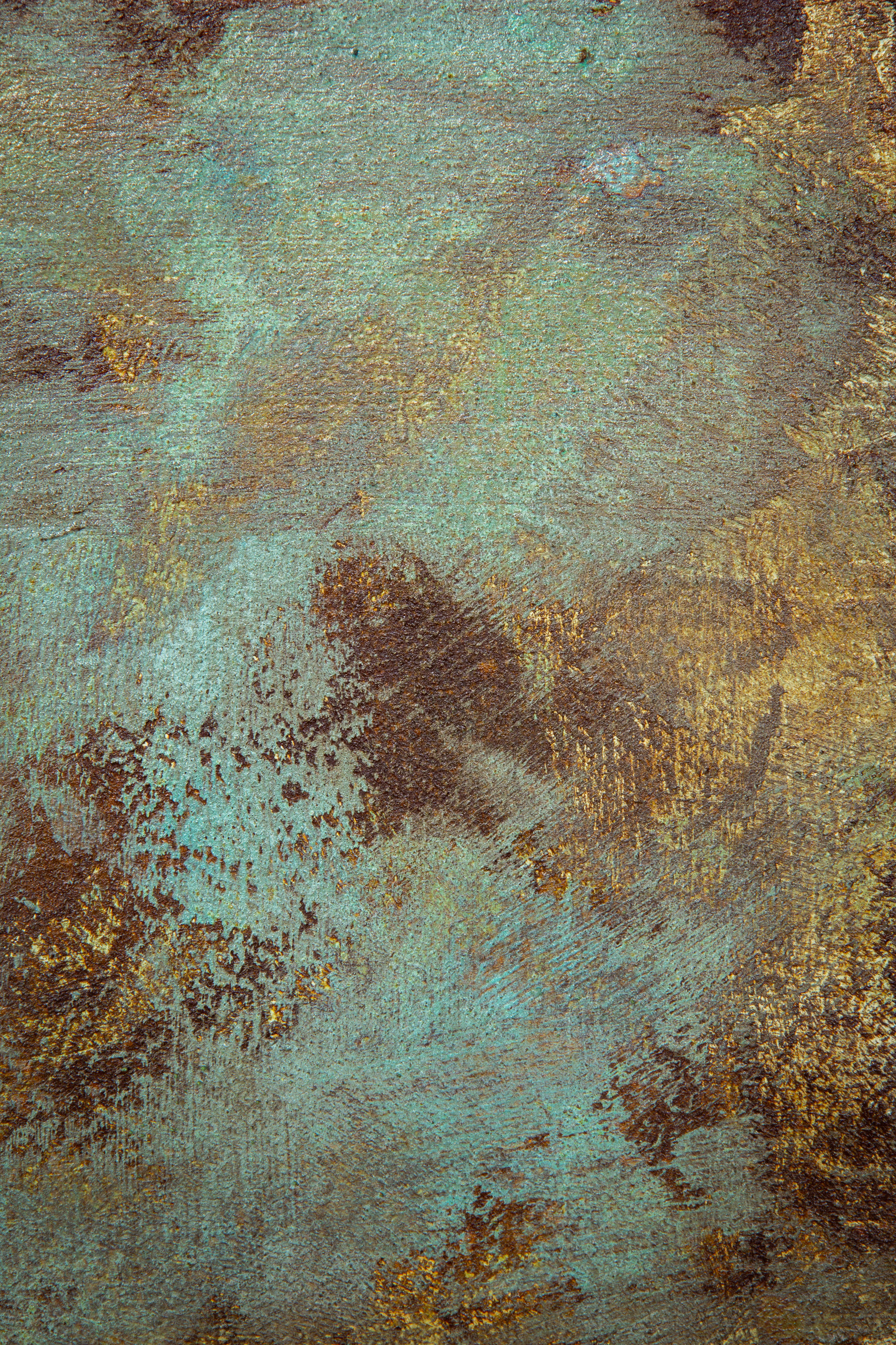 Osłonka z malarską wielowarstwową patyną w stylu antycznego metalu – turkus, rdza i złoto